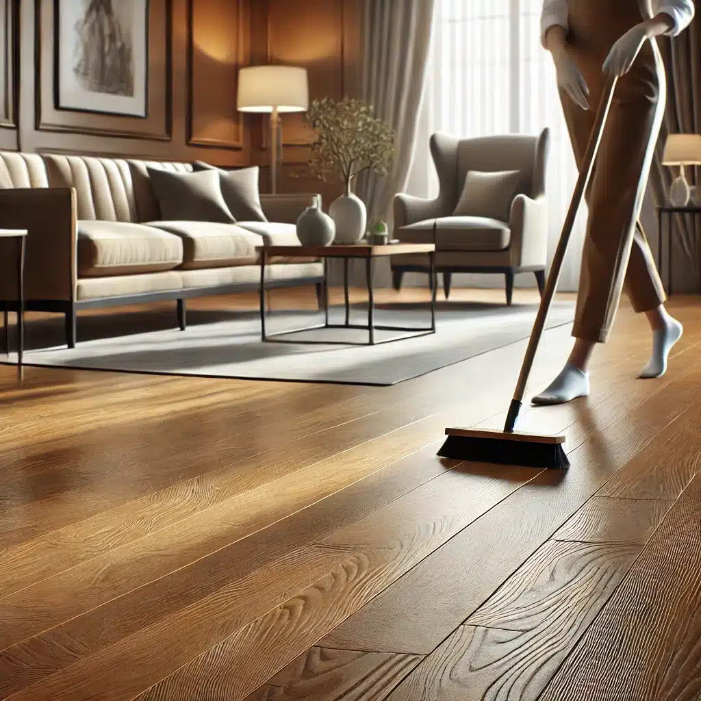 Persona limpiando piso de madera elegante y pulido | Maderas Outlet