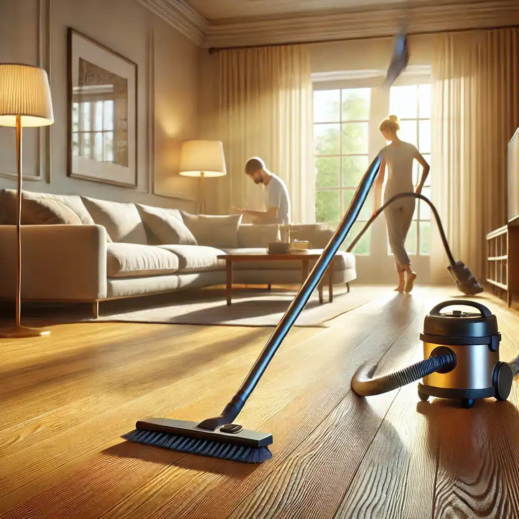 Sala con suelo de madera, barrido con escoba de cerdas suaves y aspiradora. Productos para superficie o áreas de alto tráfico | Maderas Outlet