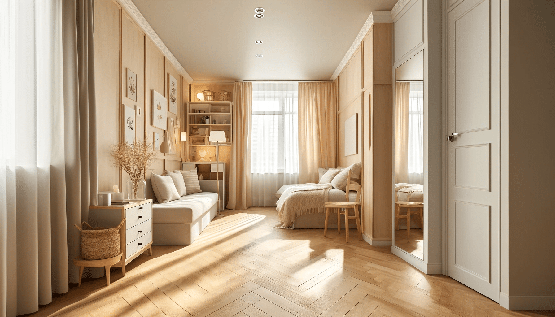 Habitación pequeña y acogedora con piso de maderas clara y mueble multifuncionales. Salón en casa y cocina con zonasa de cajones | Maderas Outlet