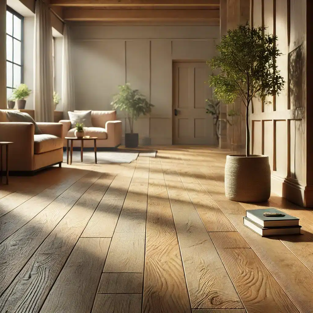 Sala ecológica con piso de madera reciclada y plantas | Maderas Outlet