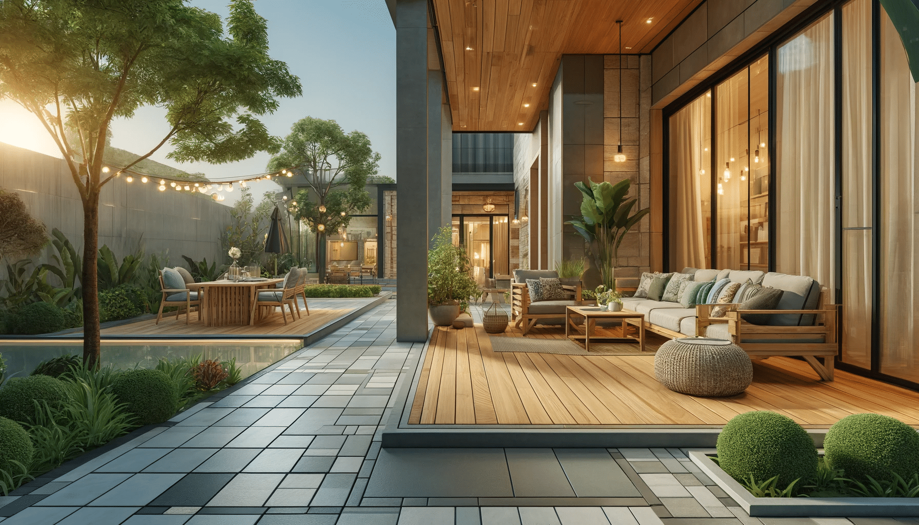 Disfruta de tu nuevo espacio exterior con suelos bien instalados, mobiliario y plantas | Maderas Outlet.