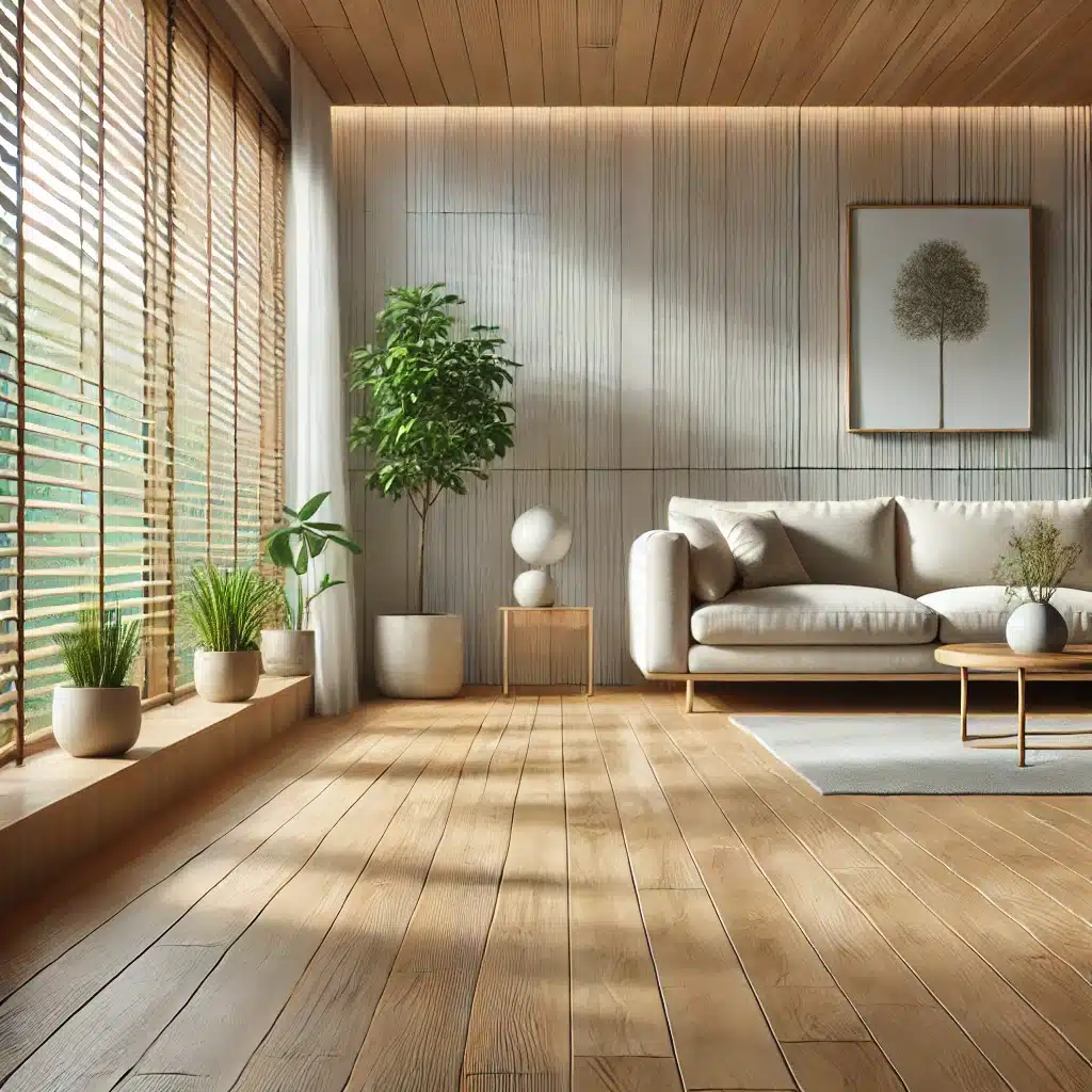 Sala moderna con piso de bambú y luz natural suave | Maderas Outlet