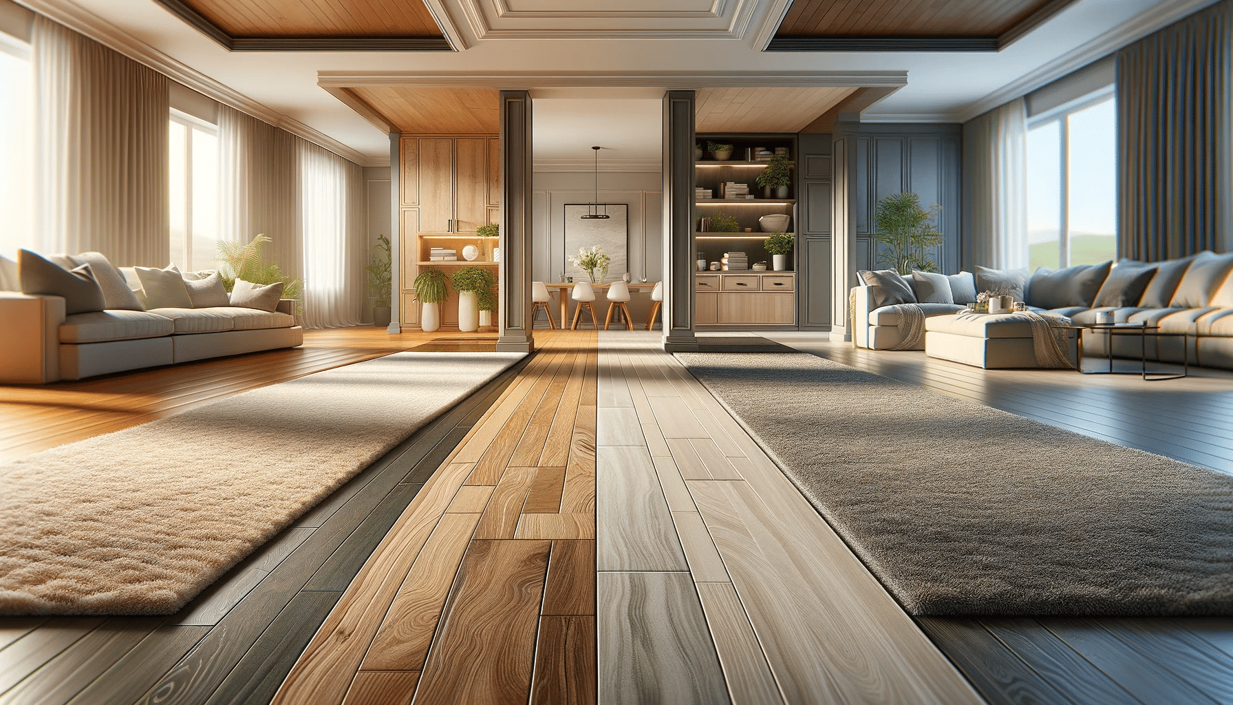 Comparación de pisos: maderas, azulejo, alfombra y vinilo en una habitación iluminada | Maderas Outlet.