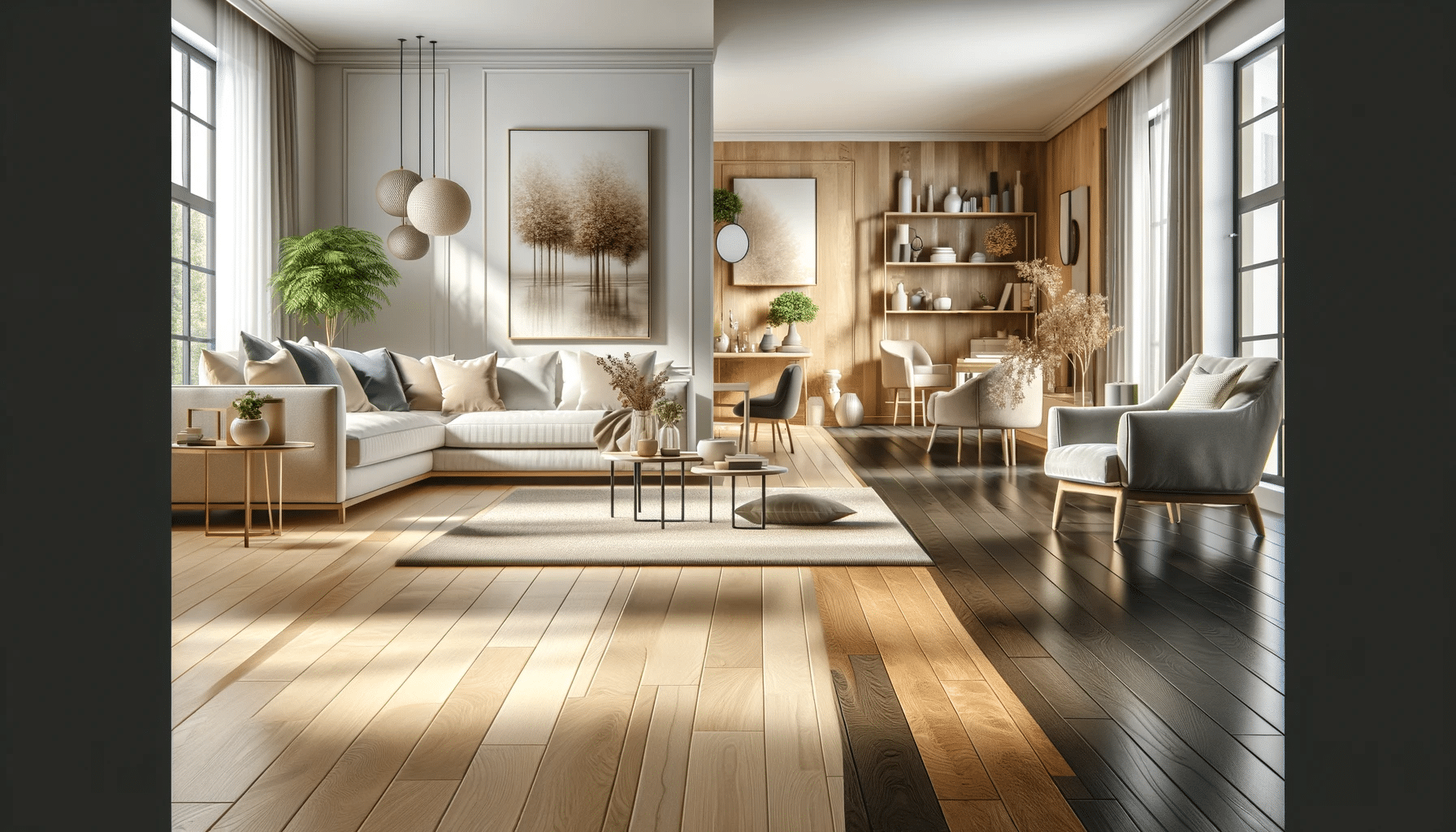 Sala con pisos de maderas clara y oscura, muebles neutros y accesorios pastel | Maderas Outlet.