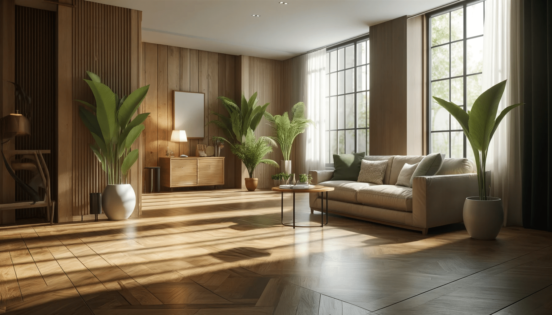 Sala acogedora con suelos de madera, muebles minimalistas y plantas interiores. Calidad de vida y medio ambiente para la salud mental | Maderas Outlet