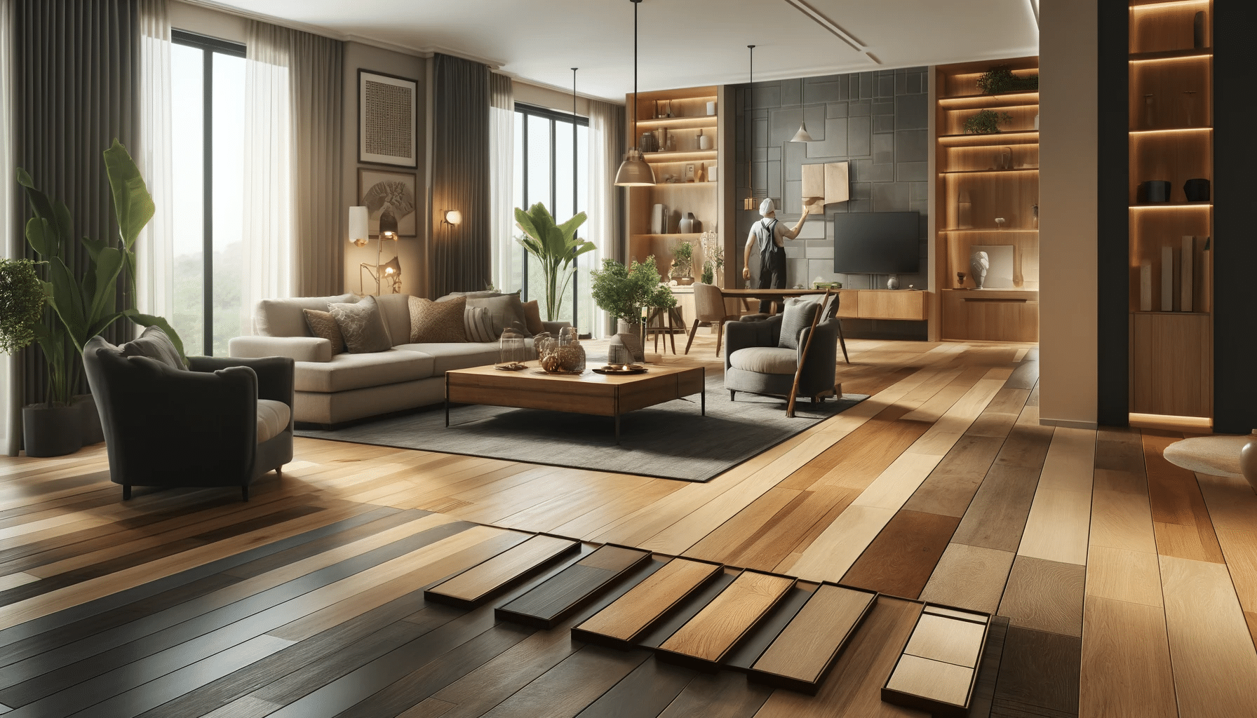 Sala moderna con pisos de maderas pulida, muestras de maderas y un instalador profesional | Maderas Outlet.