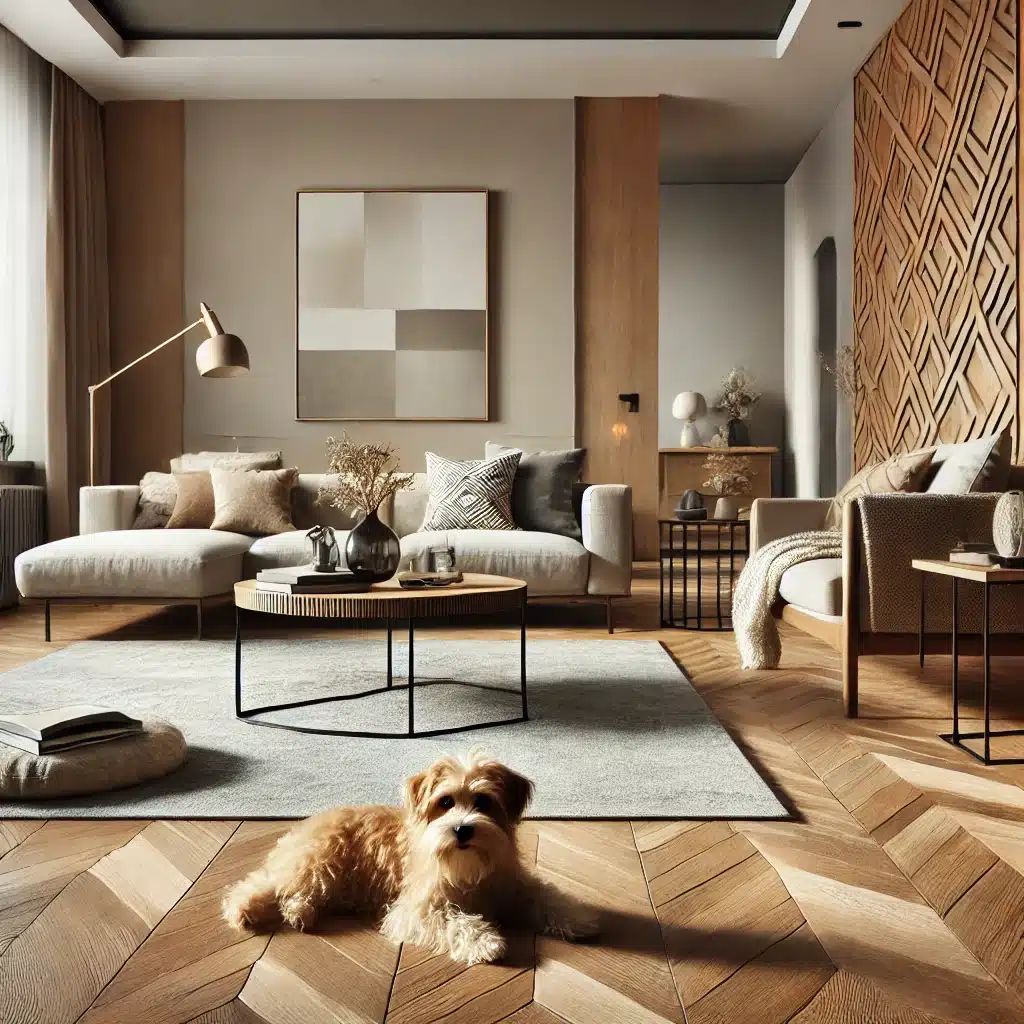 Sala con piso mate, perro descansando y decoración moderna | Maderas Outlet