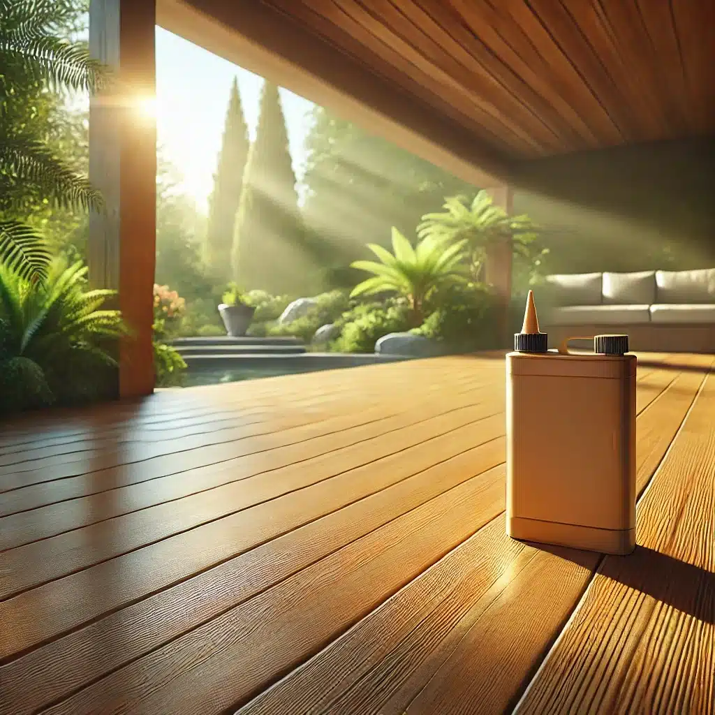 Deck de madera bien tratado bajo luz natural suave. Pisos deck con protector | Maderas Outlet