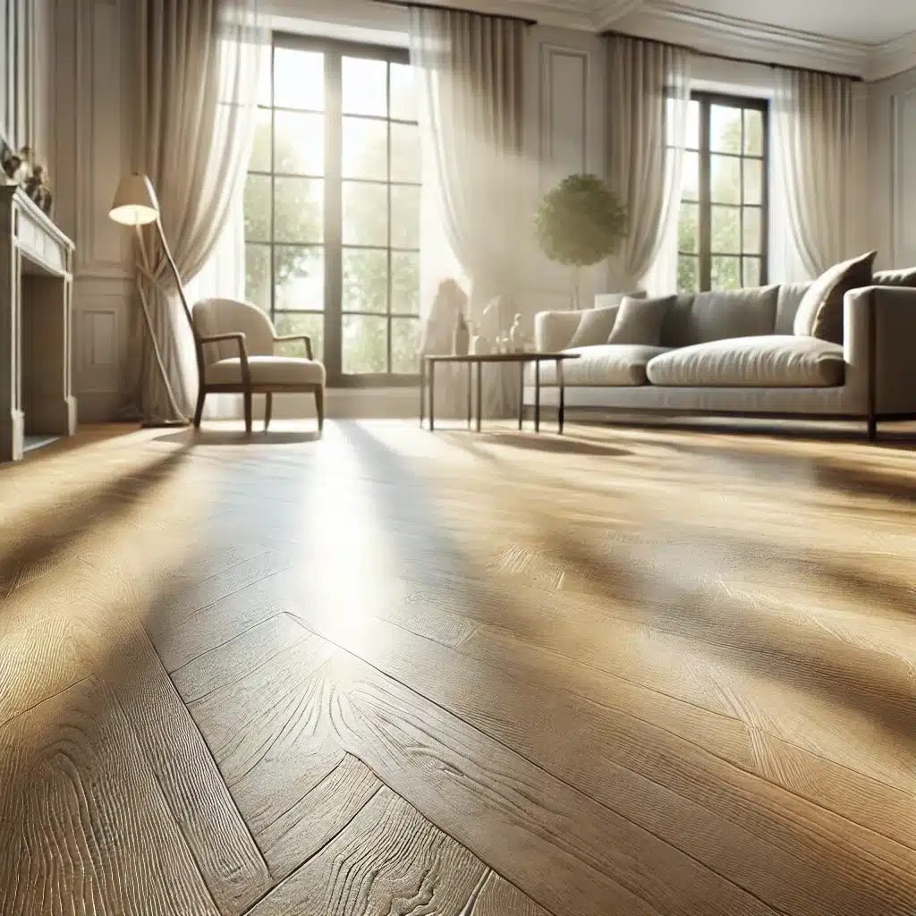 Persona limpiando suelo laminado en sala moderna | Maderas Outlet