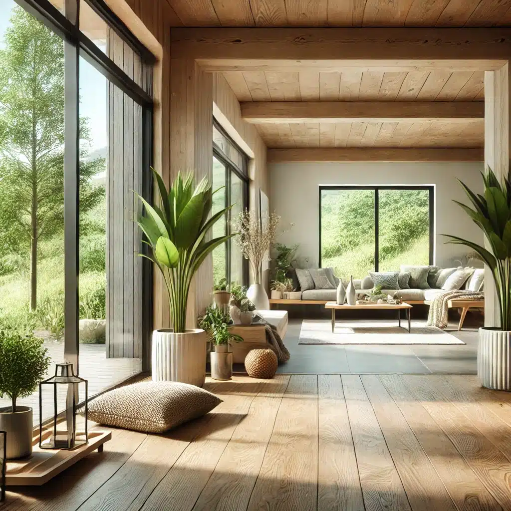Interior ecológico con piso de madera y plantas naturales | Maderas Outlet