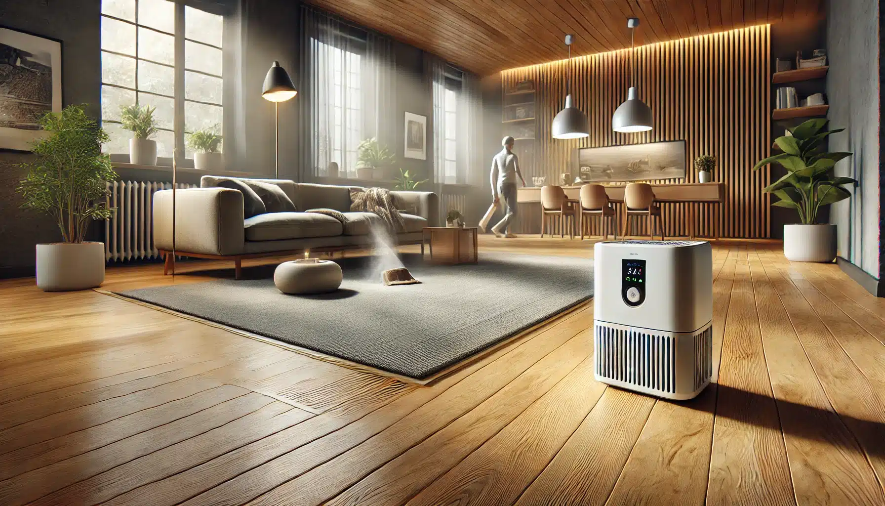 Mantenimiento de suelo radiante con piso de madera en sala moderna, uso de humidificador | Maderas Outlet.