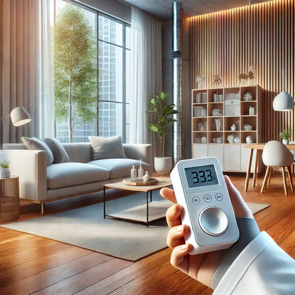 Investigador midiendo calidad del aire en sala con madera | Maderas Outlet