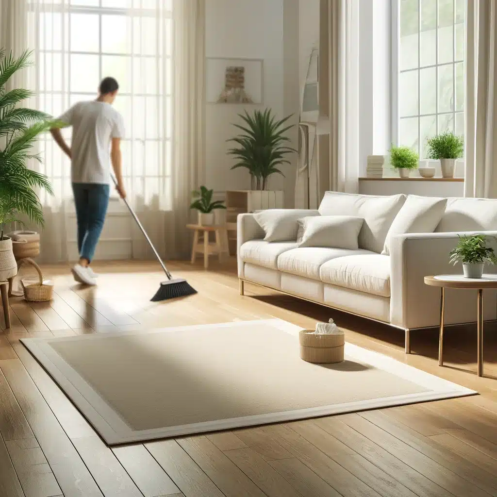Persona barriendo piso de madera en sala luminosa | Maderas Outlet