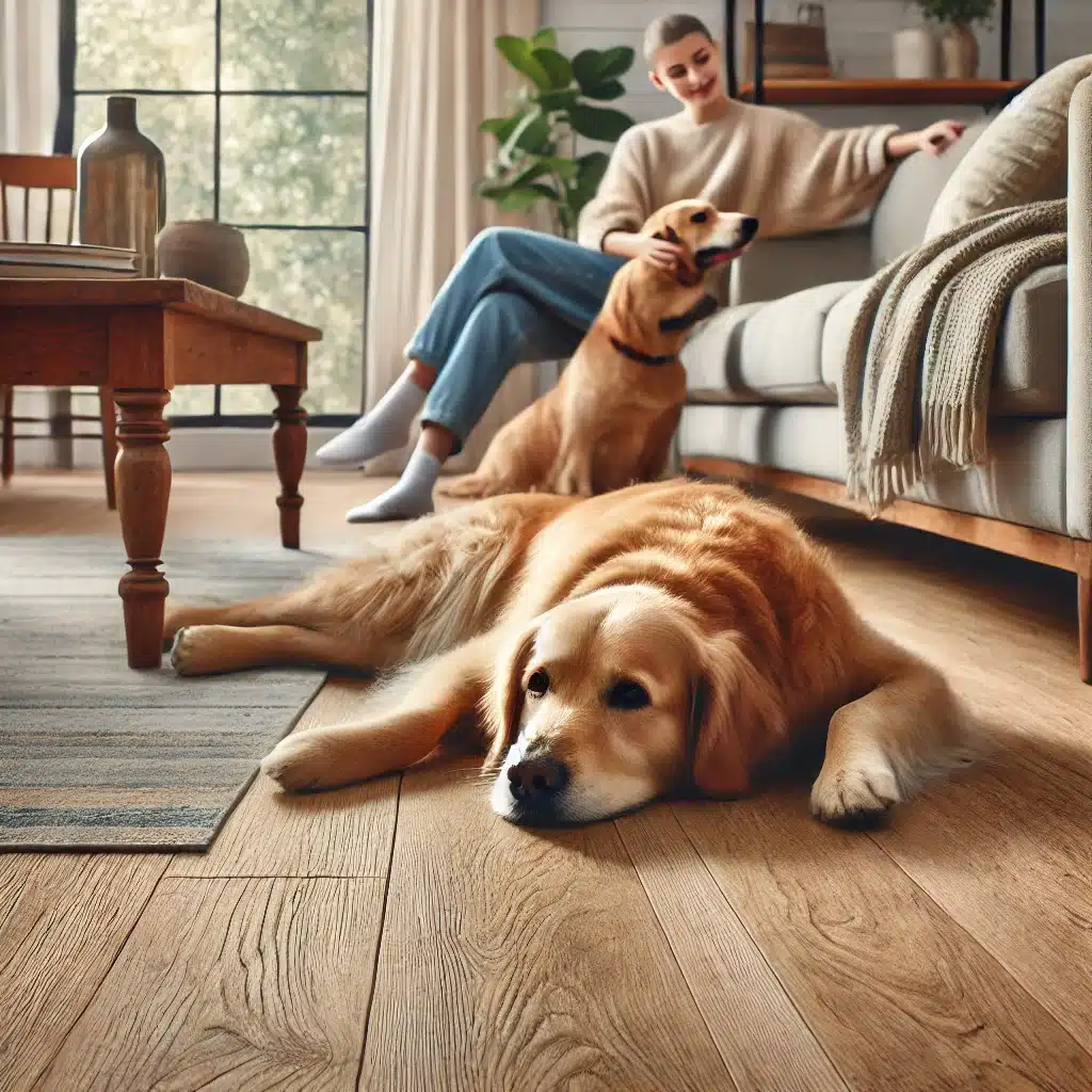 Hogar con piso cálido, perro en alfombra y luz natural como estilo de vida | Maderas Outlet