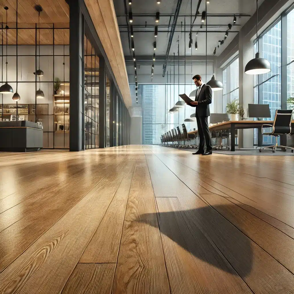 Espacio comercial con piso elegante y personas interactuando | Maderas Outlet