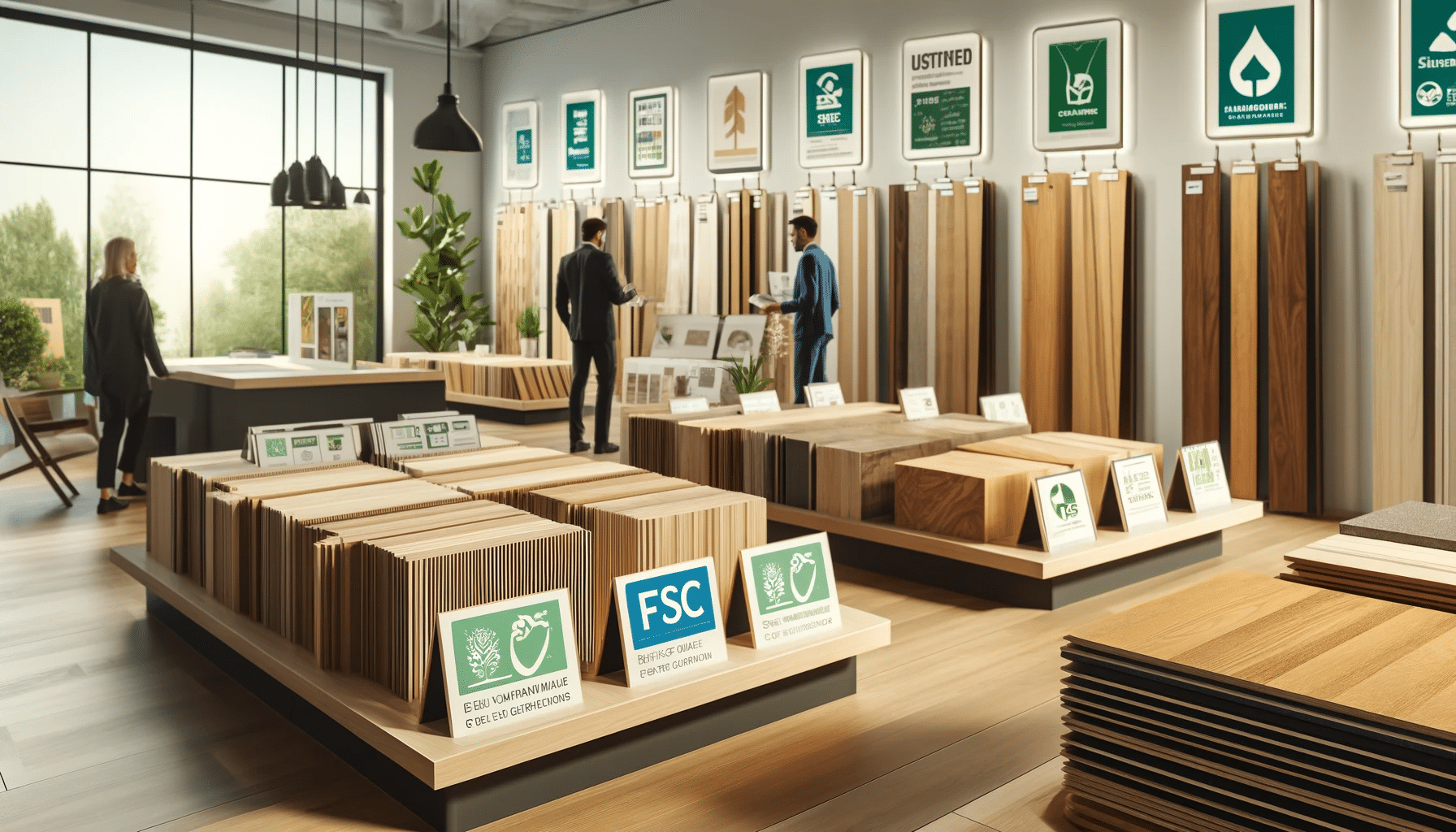 Muestras de pisos de madera con etiquetas de certificación FSC y PEFC en una sala de exposición | Maderas Outlet