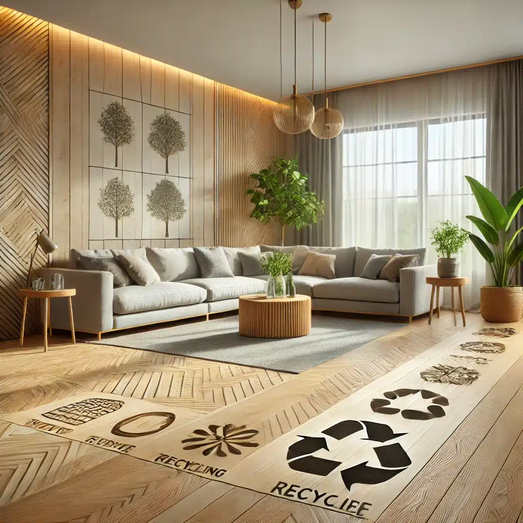 Sala de estar moderna con suelo de bambú y materiales reciclados, plantas y luz natural | Maderas Outlet