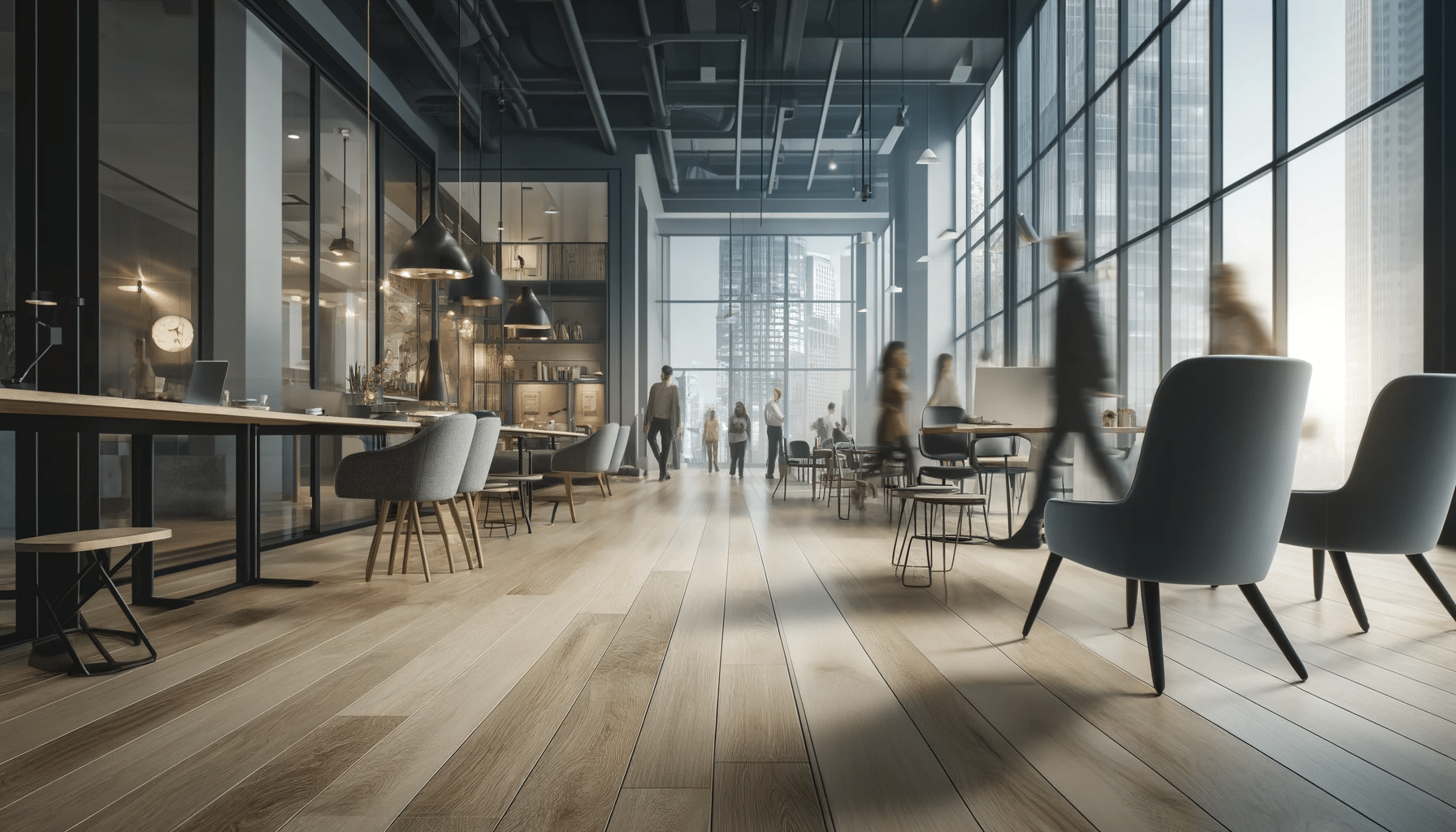 Espacio comercial con piso de madera de ingeniería, muebles modernos y personas. Preguntas de sistema de instrumentos. | Maderas Outlet