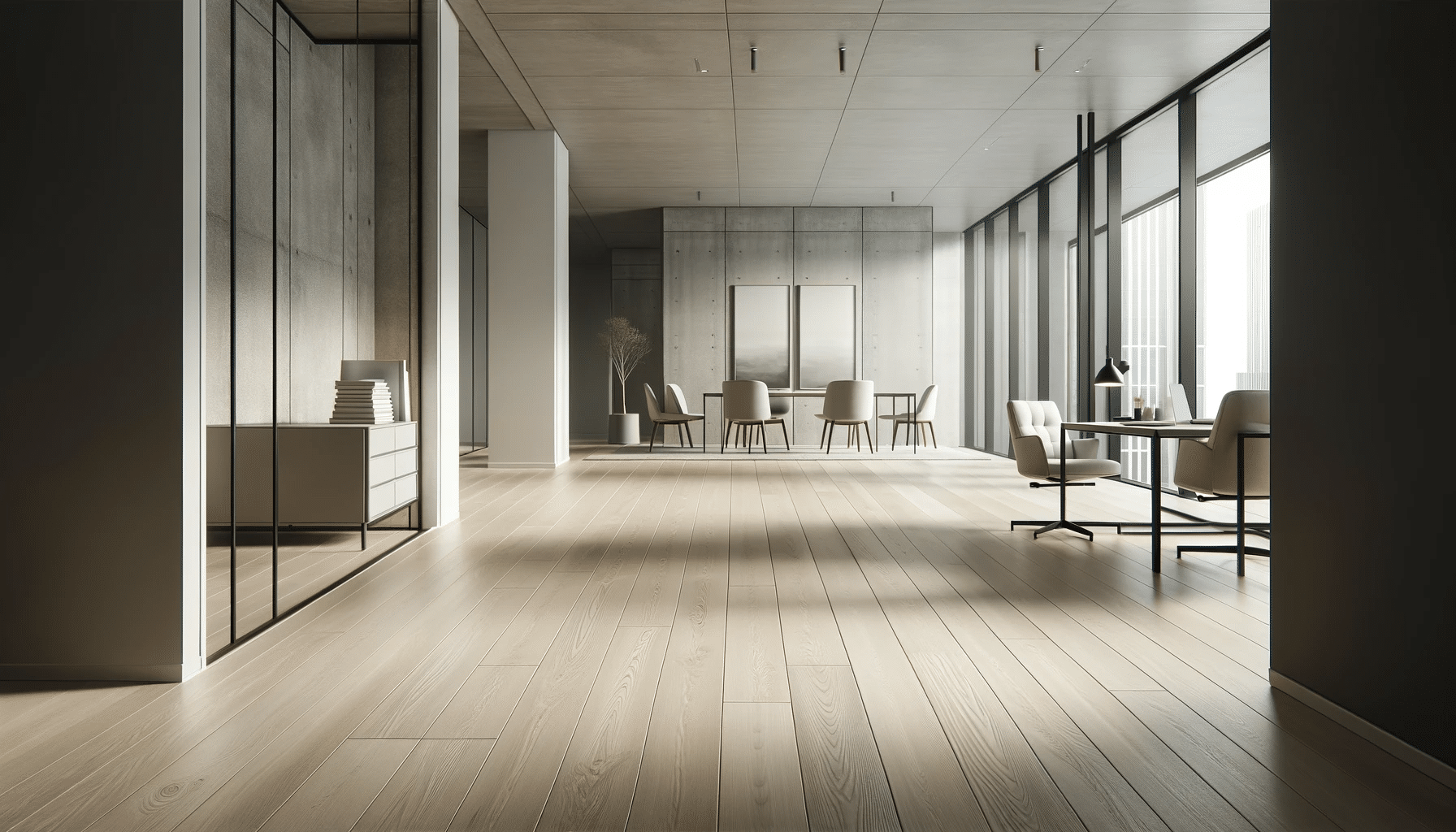 Diseño interior moderno con piso de ingeniería en tonos neutros y muebles minimalistas. | Maderas Outlet