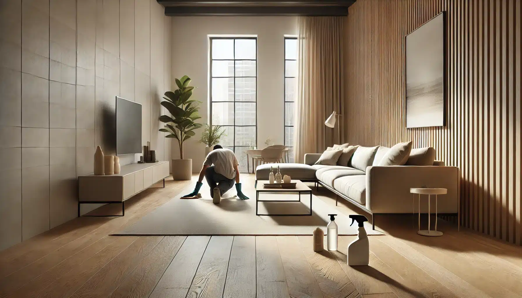 Sala minimalista con piso, persona limpiando con paño suave y productos específicos | Maderas Outlet