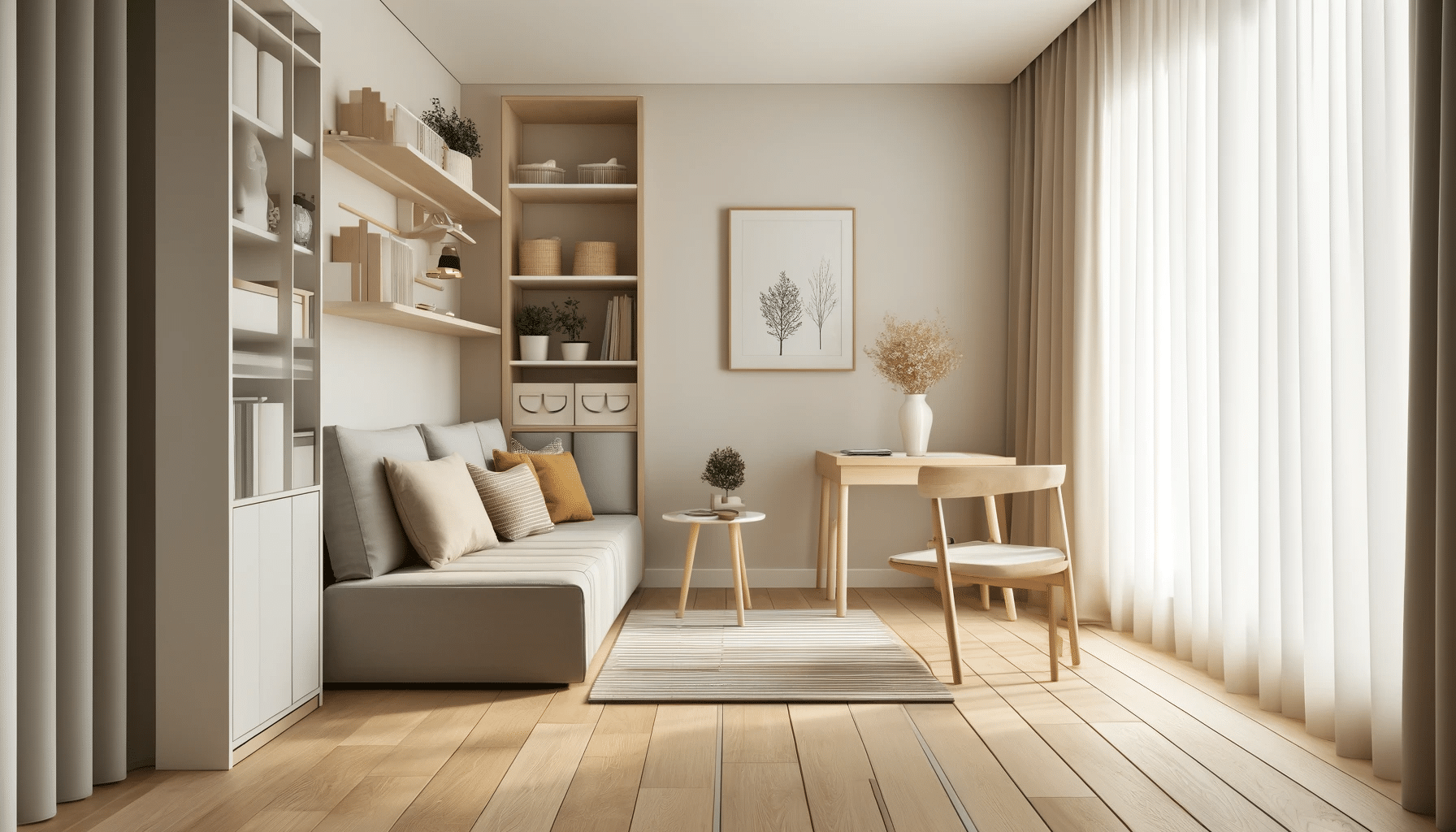 Habitación pequeña con piso de madera clara, muebles minimalistas y decorativos. Guía de color para iluminación y foto principal | Maderas Outlet