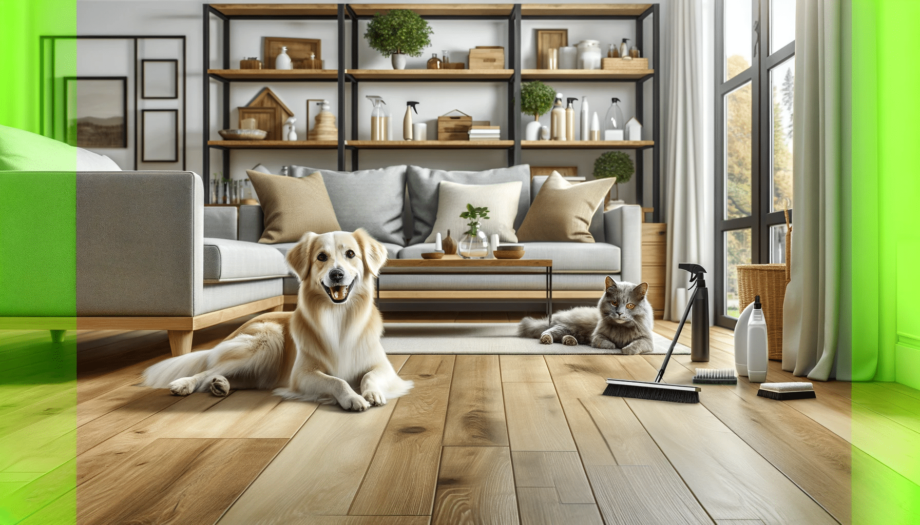 Sala de estar con piso de madera de ingeniería, perro y gato descansando. Proyecto de piso laminado y piso vinílico para vivienda. | Maderas Outlet