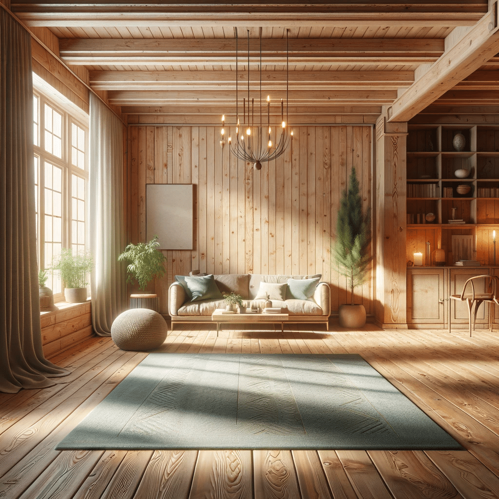Alt text: Interior acogedor con suelos de maderas de pino. Acabado de casa Pisos de madera de material de instalación y tips | Maderas Outlet.