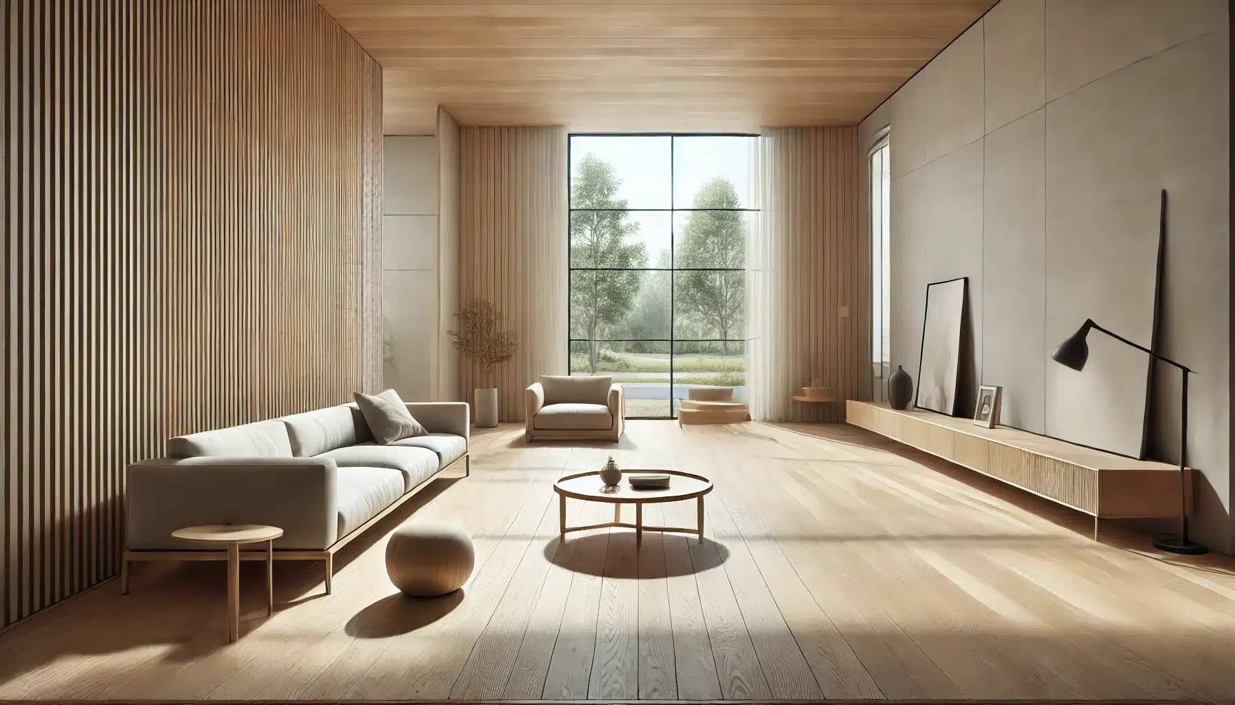 Sala minimalista con piso clara, decoración simple y colores neutros | Maderas Outlet