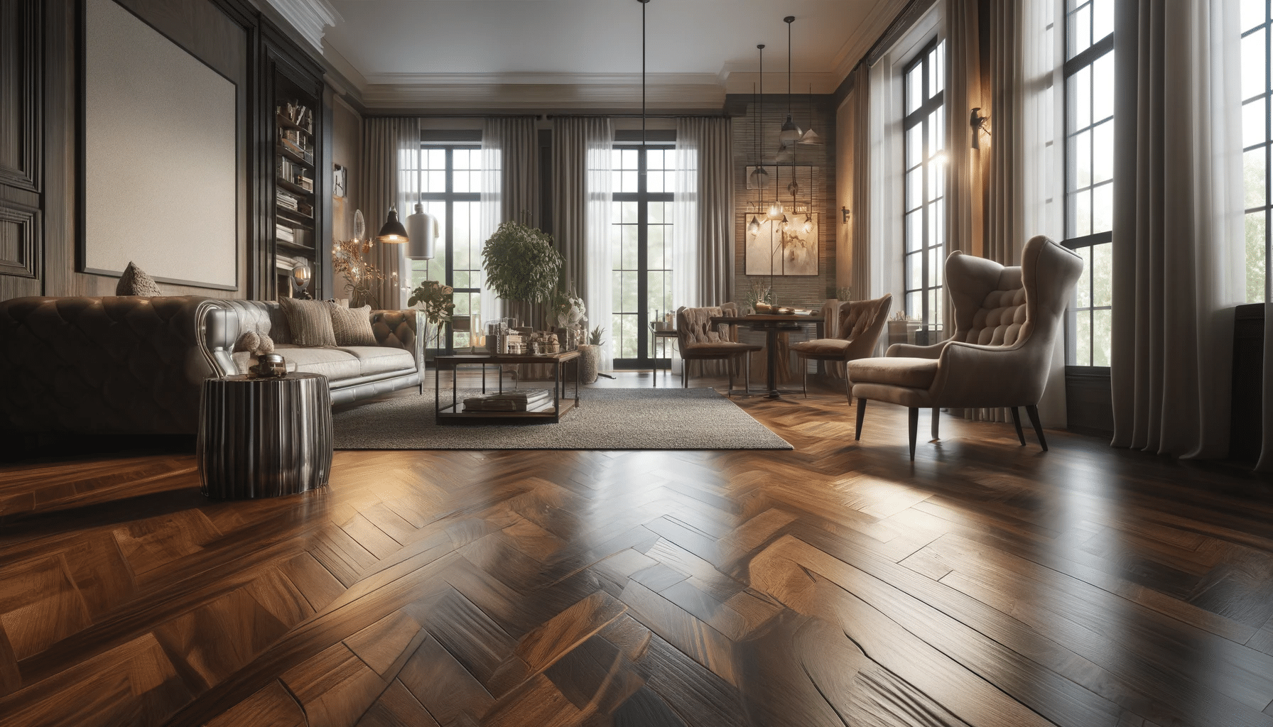 Sala con pisos de maderas pulida, muebles elegantes y luz natural, ambiente acogedor | Maderas Outlet.