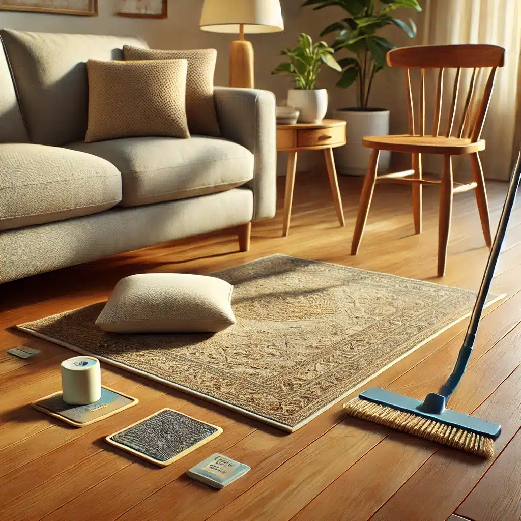 Sala acogedora con suelos de madera protegidos por alfombra y almohadillas en muebles. Mantenimiento de pisos en contra mascotas y arañazos. | Maderas Outlet