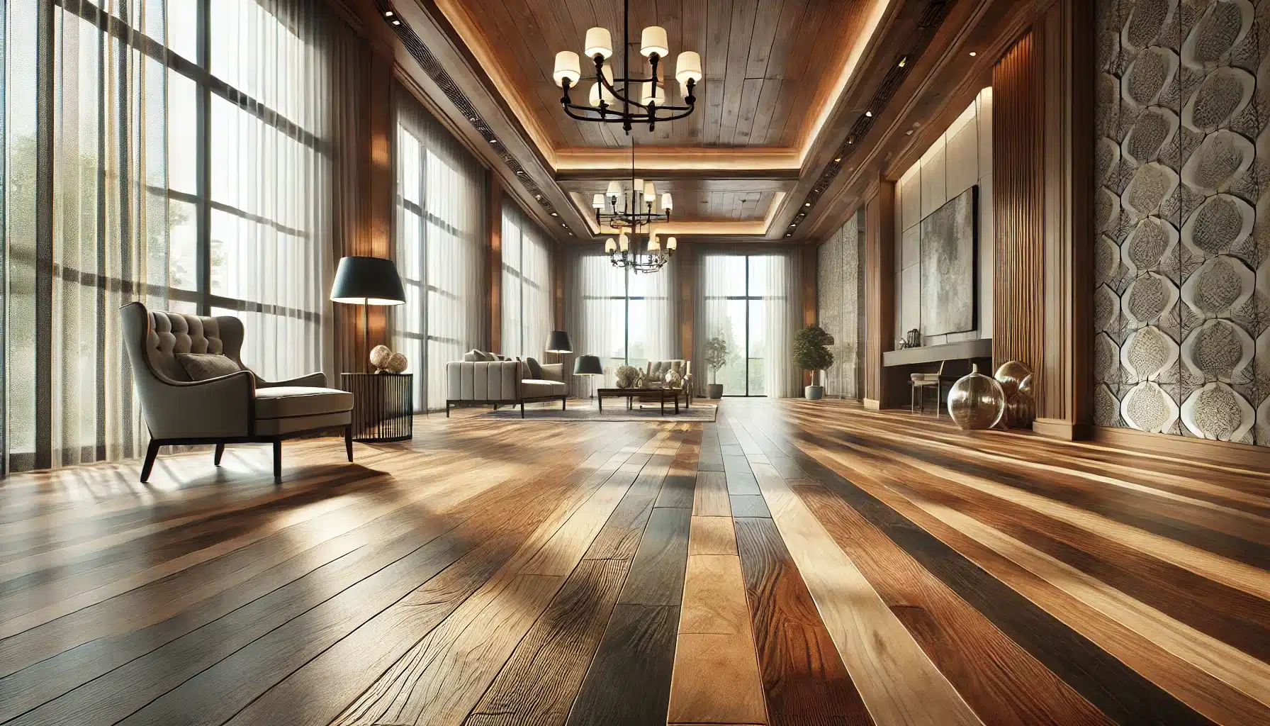 Elegante habitación con suelos duraderos y de varios tonos y texturas. Revestimiento en proceso con capa de material con buen espesor | Maderas Outlet