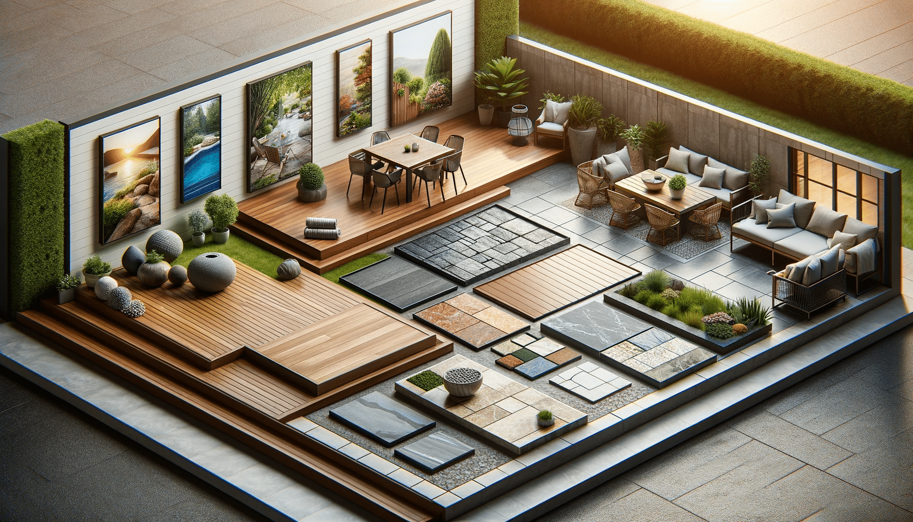 Terraza con secciones de maderas, piedra, baldosas, concreto y compuestos plásticos. Cómo instalar cerámica y baldosa | Maderas Outlet.