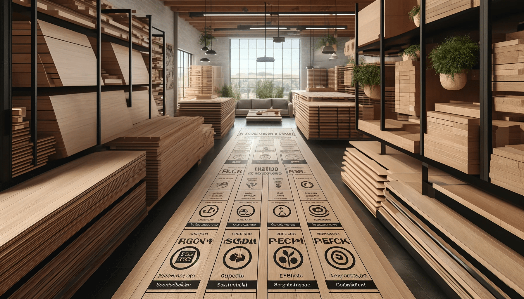 Muestras de madera con certificaciones FSC y PEFC en un showroom de materiales de construcción. | Maderas Outlet