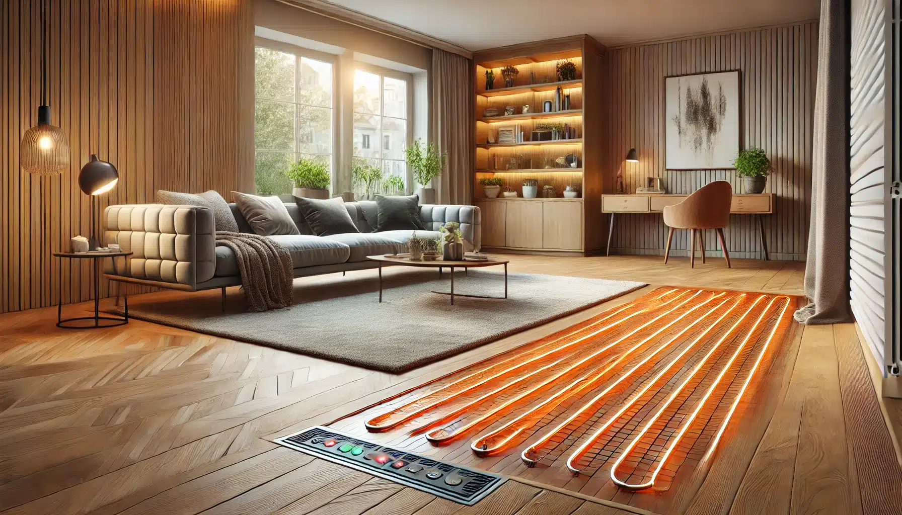 Sala de estar acogedora con calefacción por suelo radiante y suelo de madera | Maderas Outlet.