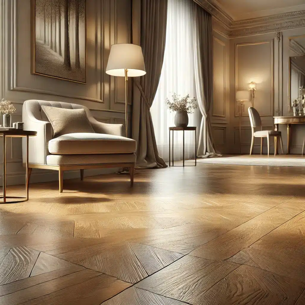 Piso de madera pulido en sala elegante y luminosa. Parquet en suelos. | Maderas Outlet