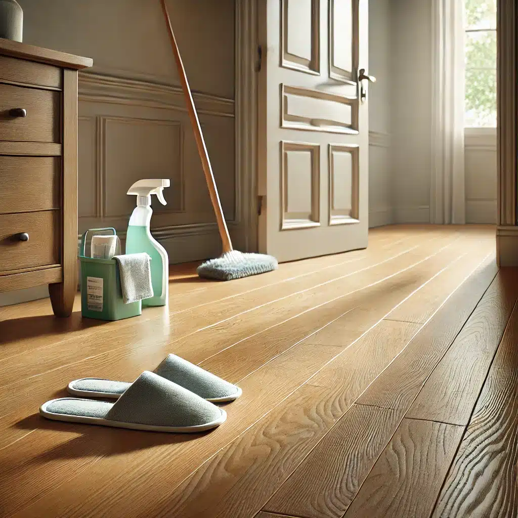 Piso de madera con pantuflas y productos de limpieza | Maderas Outlet