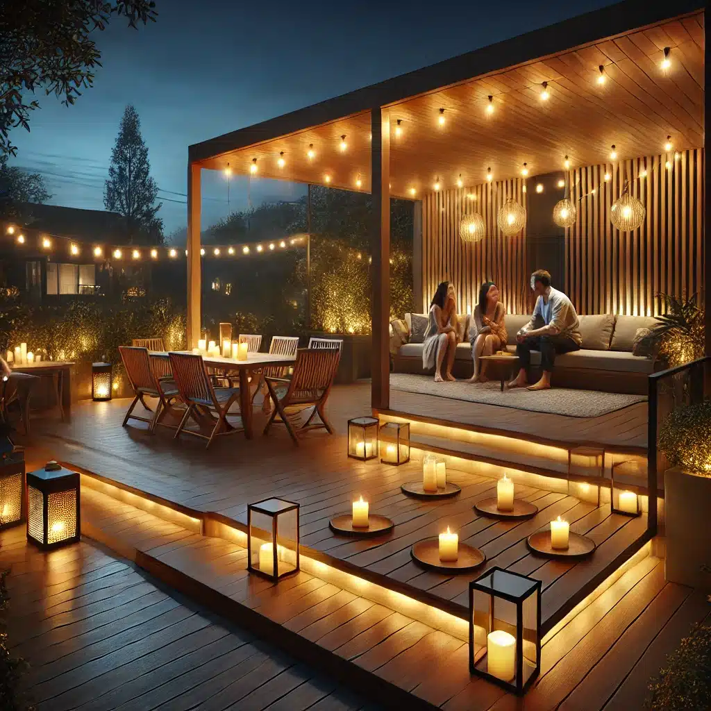 Deck con guirnaldas, velas LED y lámparas portátiles. Mesa en zona de patios | Maderas Outlet