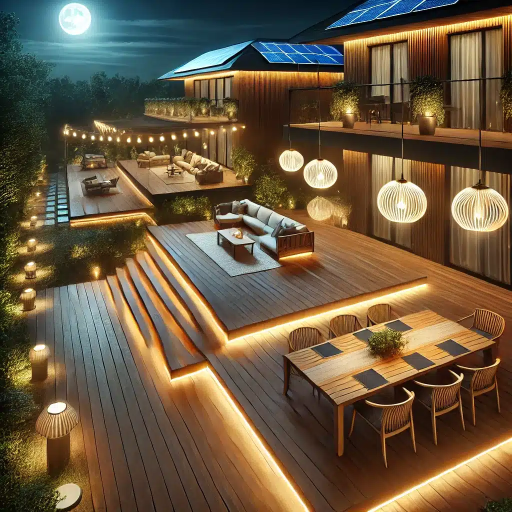 Deck iluminado con lámparas vintage y luces solares modernas | Maderas Outlet