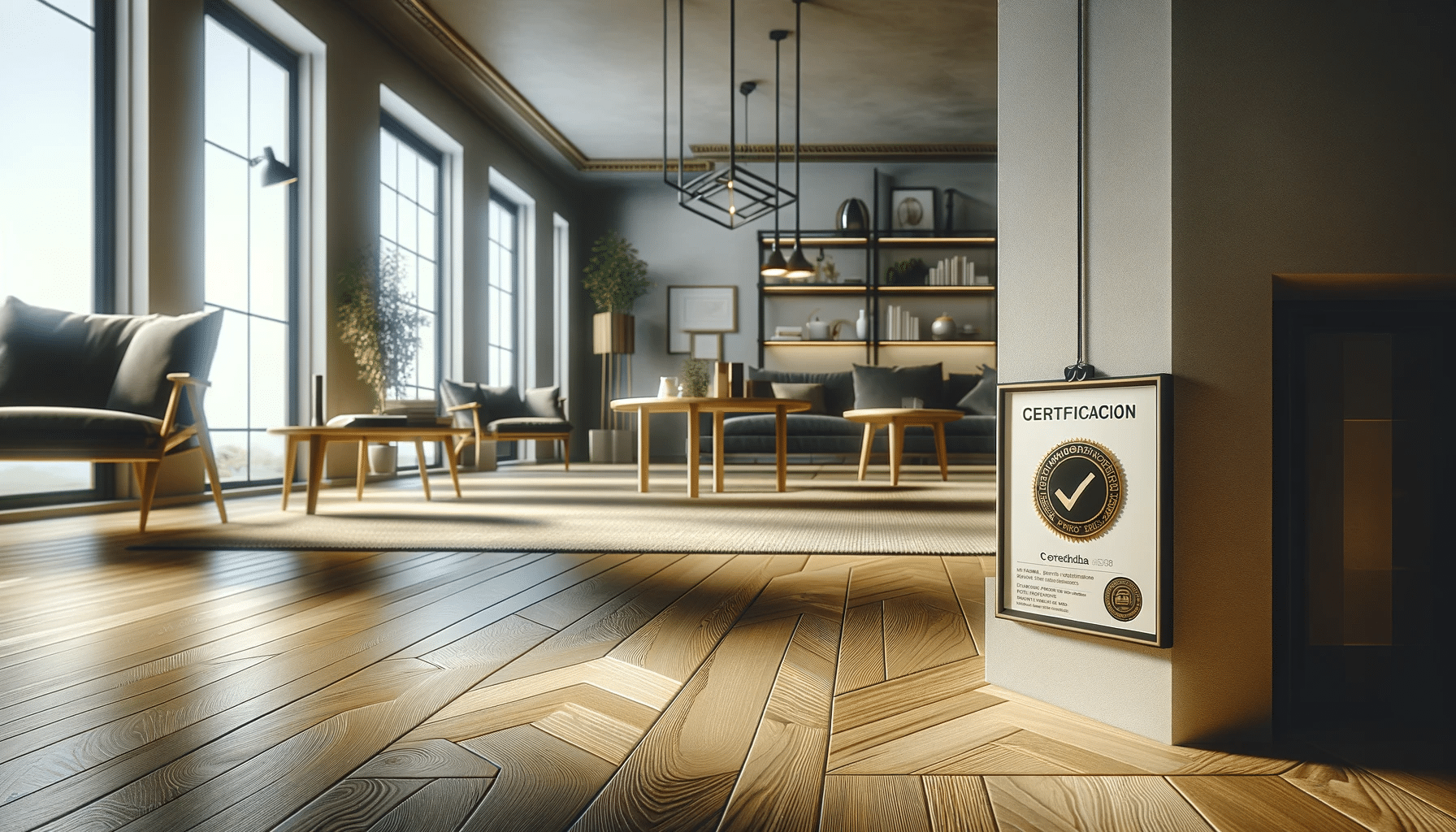 Piso de madera certificada en un hogar moderno con etiquetas de certificación visibles. La importancia de la certificación de calidad en pisos de madera | Maderas Outlet