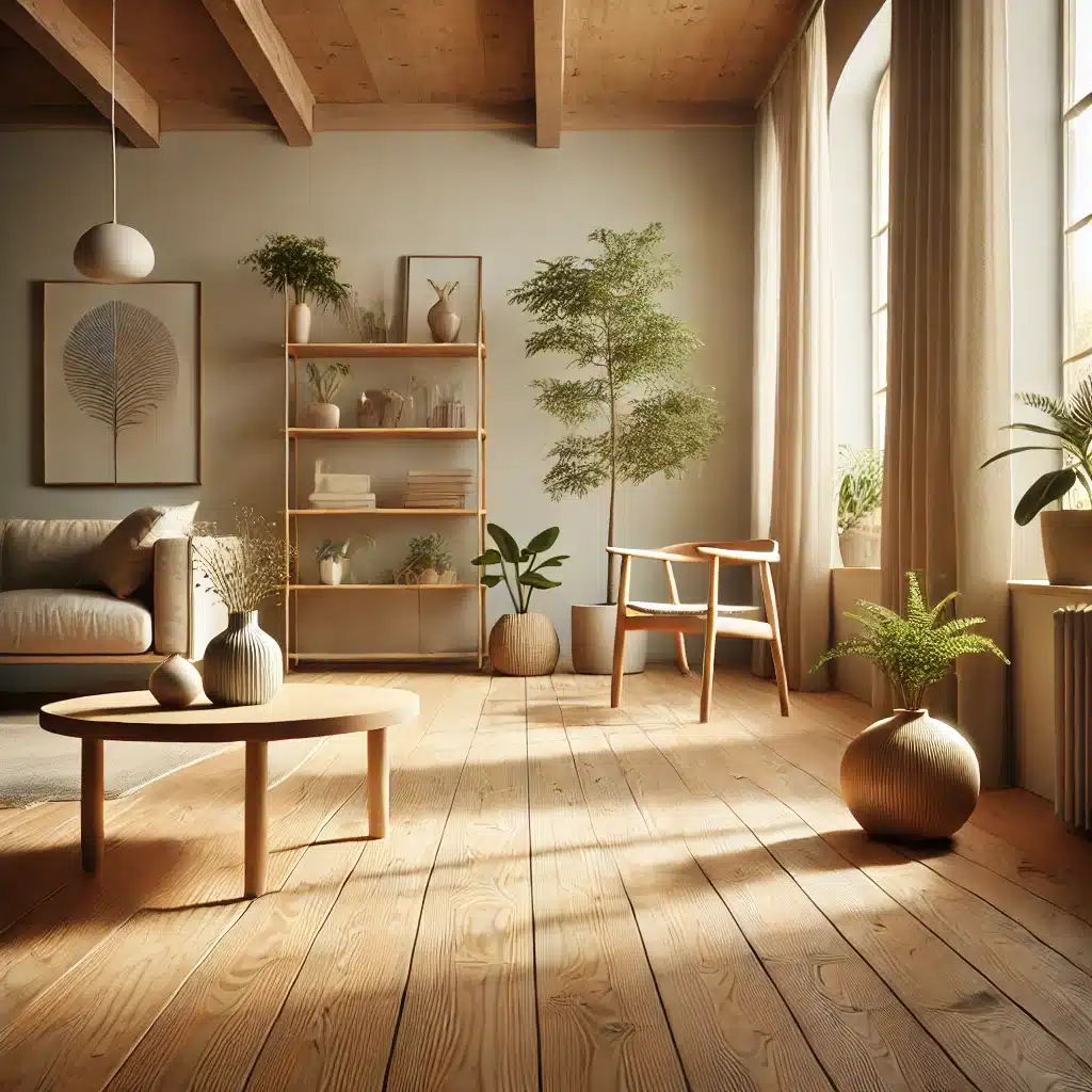 Interior con piso de madera natural y luz solar suave | Maderas Outlet