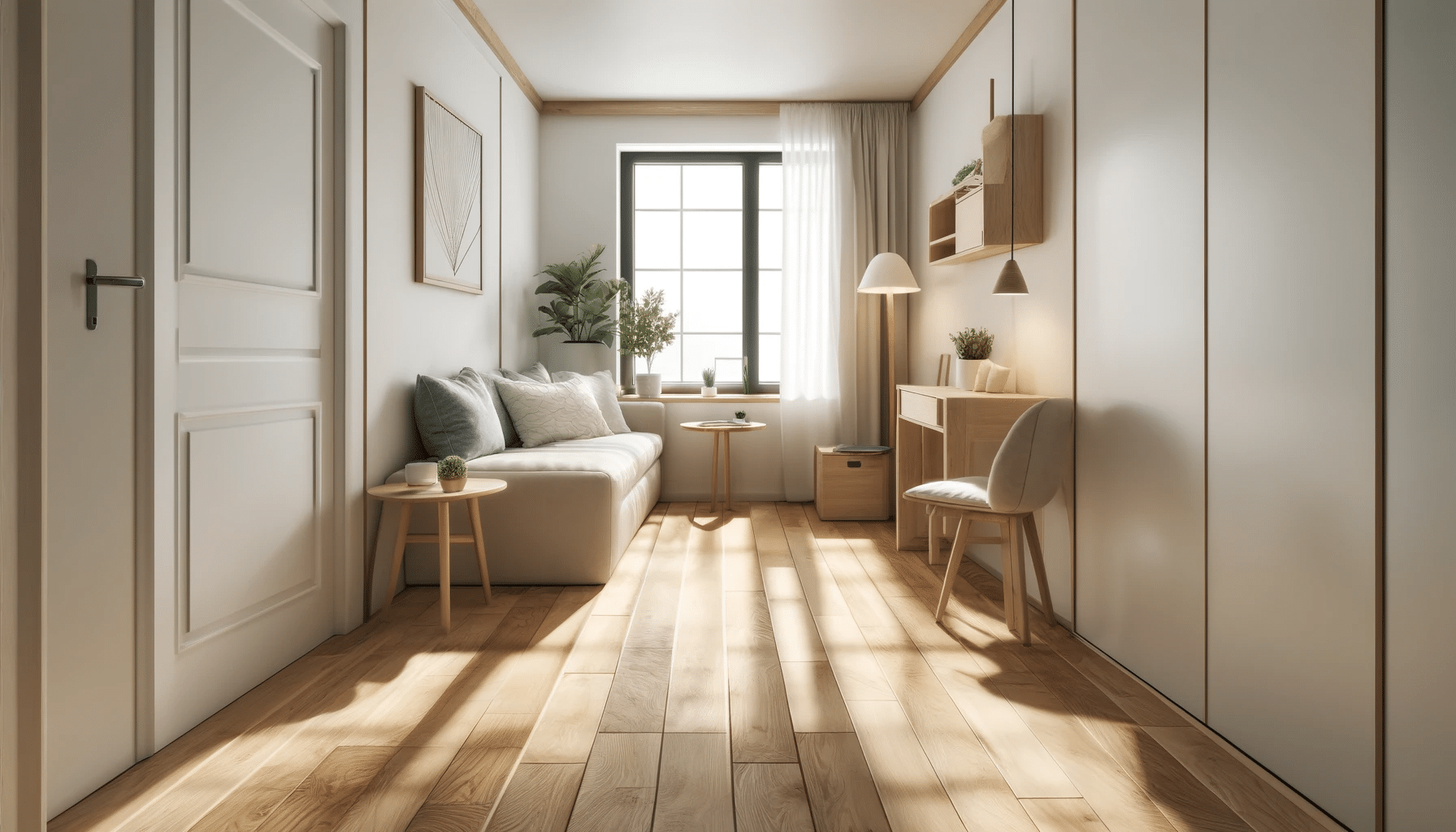 Habitación pequeña con suelos de madera clara y decoración minimalista. Medida para vivienda o salón con piso pequeño. | Maderas Outlet