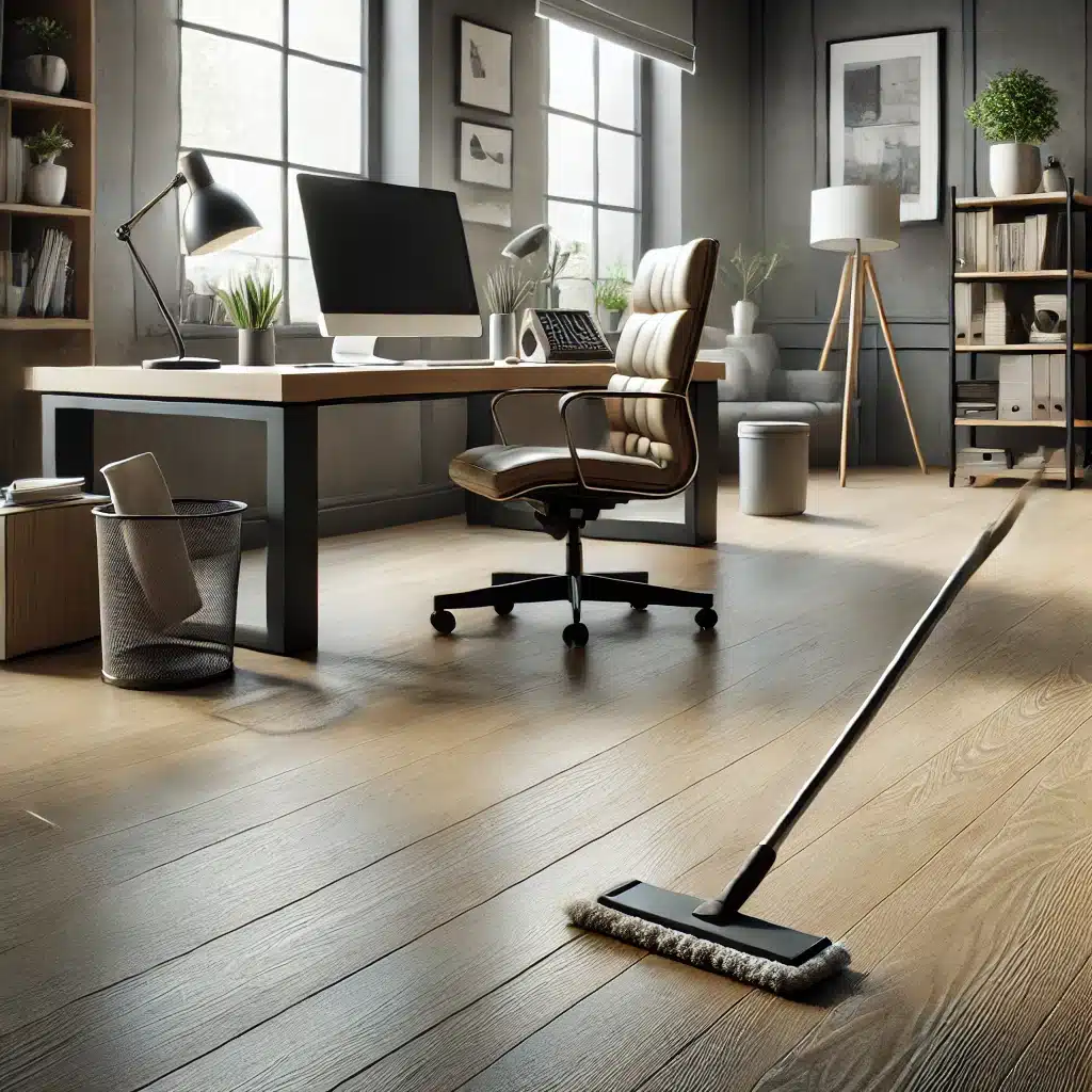 Oficina moderna con pisos de madera mate en mantenimiento | Maderas Outlet