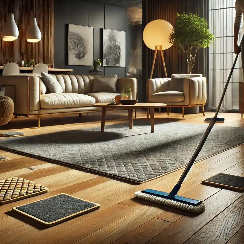 Sala moderna con suelos de madera, alfombra decorativa y limpieza cuidadosa. Piso de madera con productos de cuidado para prolongar su vida útil. | Maderas Outlet