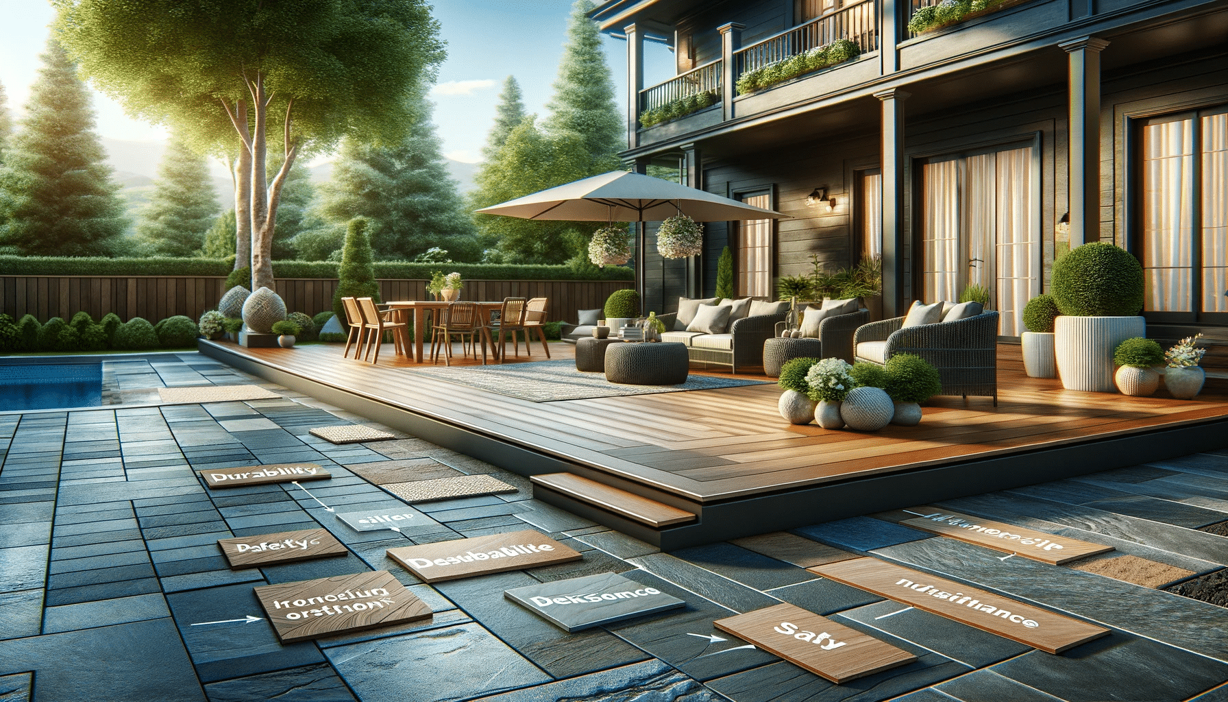 Patio con suelos de maderas, baldosas y piedra, muebles y jardín bien cuidado. Muros de mortero a disposición | Maderas Outlet.