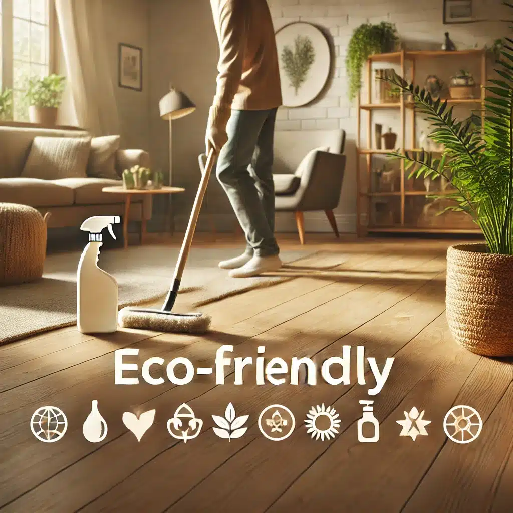 Persona limpiando piso de madera con productos eco-amigables en sala acogedora | Maderas Outlet