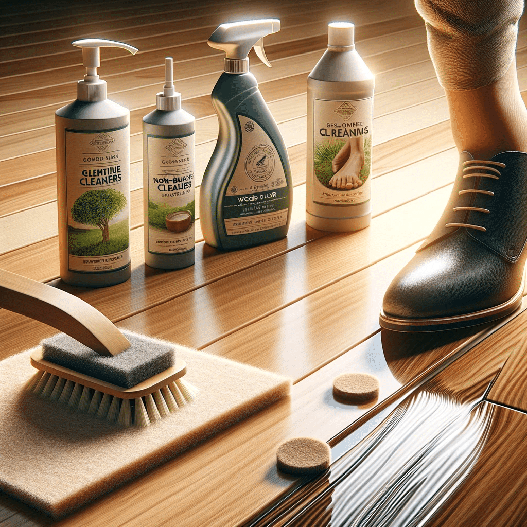 Suelo de madera con productos de cuidado y protectores de muebles. Correo electrónico | Maderas Outlet