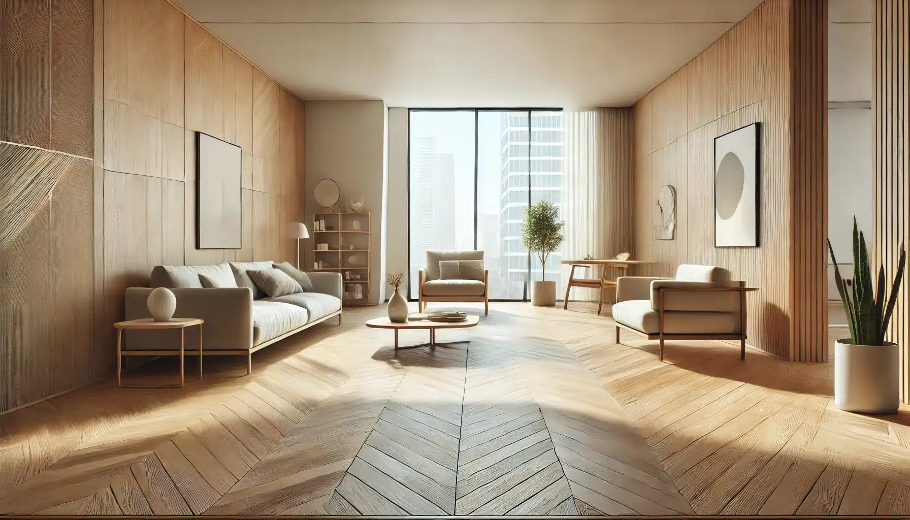 Sala minimalista con piso claro, decoraciones armoniosa y luminosa. Habitación con ambientes de minimalismo | Maderas Outlet