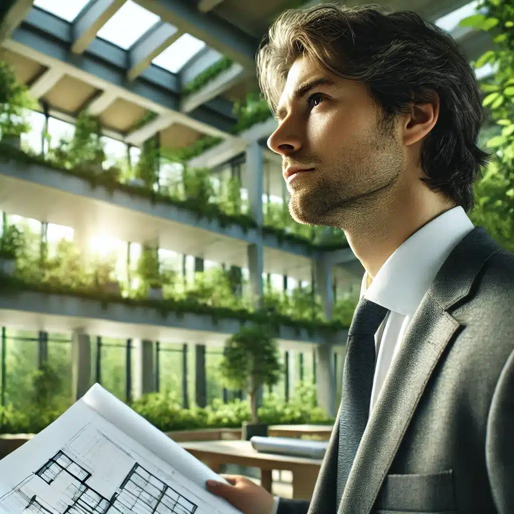 Ingeniero revisando planos en un edificio sostenible | Maderas Outlet