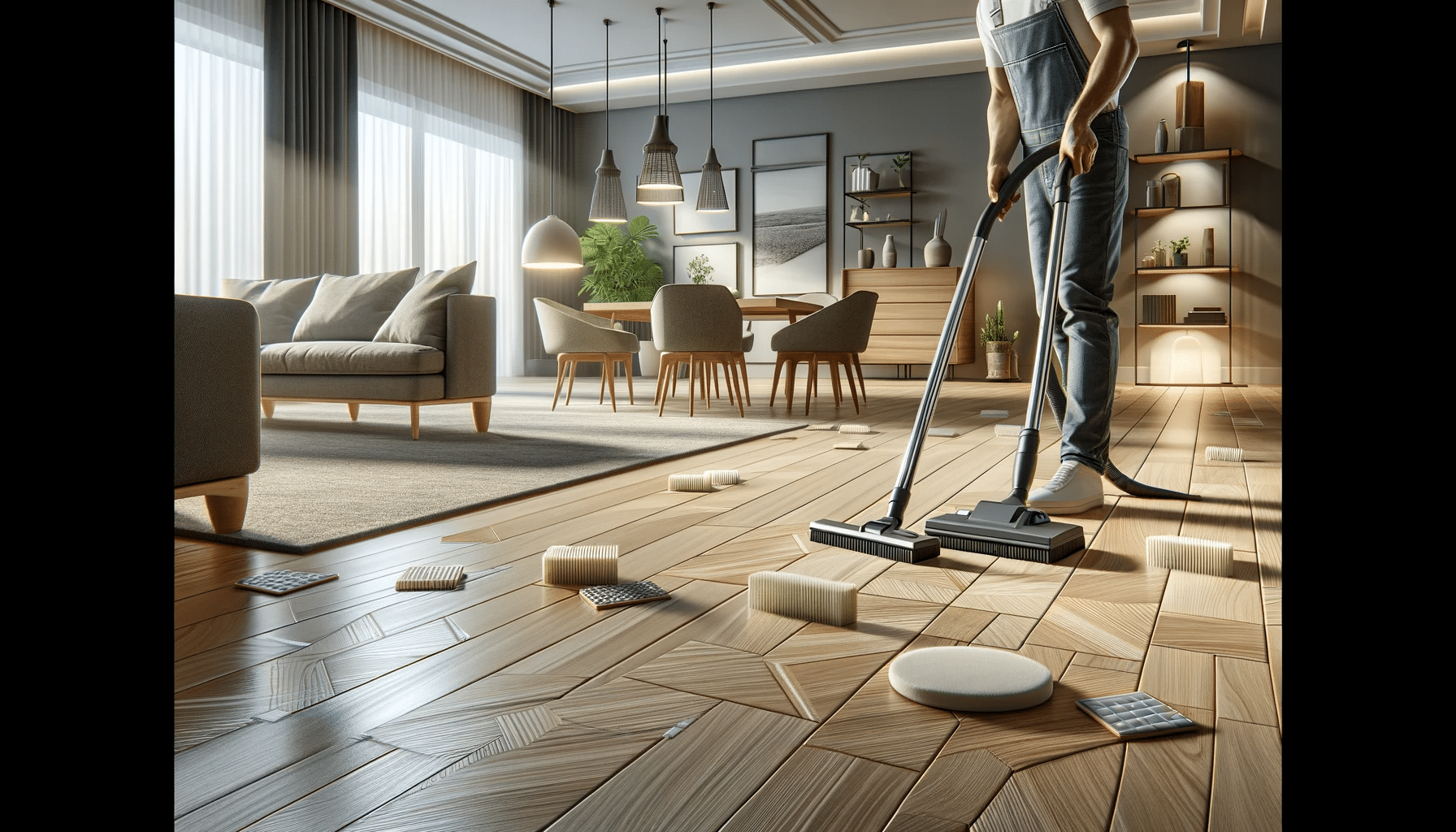 Mantenimiento de piso de madera de ingeniería con aspiradora y protectores en muebles. | Maderas Outlet