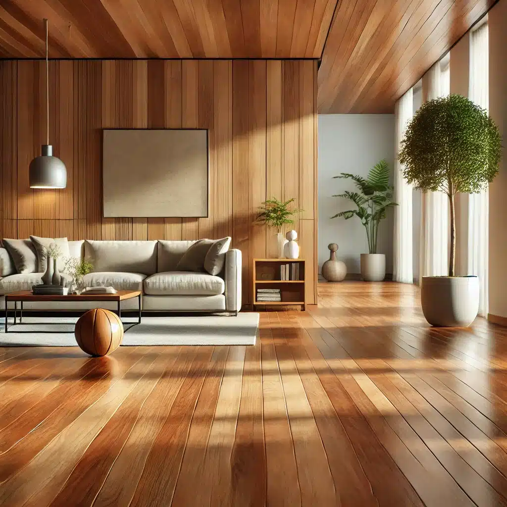 Sala moderna con piso de madera pulido y luz natural. Elemento para áreas de alto tráfico | Maderas Outlet